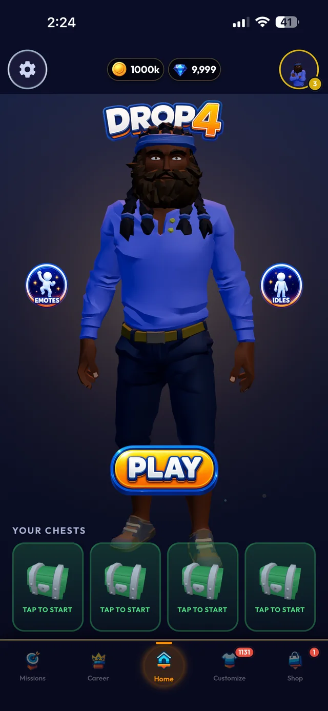Drop4 home screen — your 3D character, your chests, and the Play button